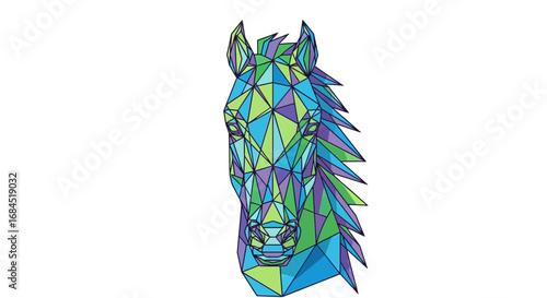 Geometric stallion head, intricate polygonal design with vibrant spectrum, striking contrast to