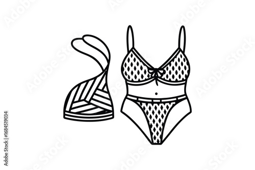 Hand drawn line art illustration of a bikini lingerie set with a patterned design isolated on white background silhouette