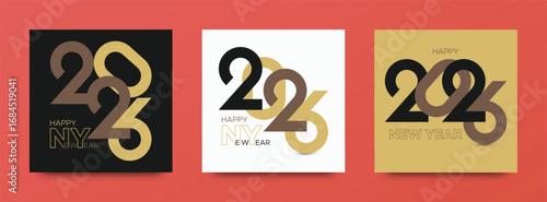 Modern square layout for Happy New Year 2026 with overlapping typography in elegant black, gold, and white tones. Perfect for social media posts, banners, and greeting cards