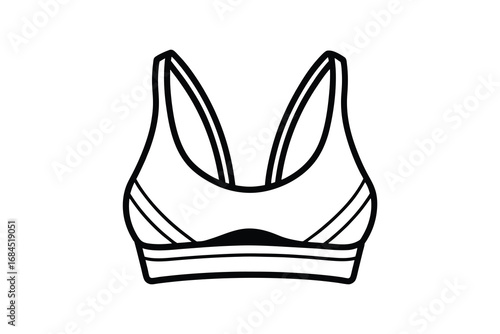 Simple line drawing silhouette of a sports bra with thin straps and a banded hem isolated on white background