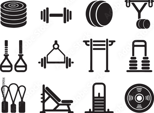 Gym and Fitness Equipment Icons: A collection of black vector silhouettes representing various workout and strength training gear for health and wellness.

