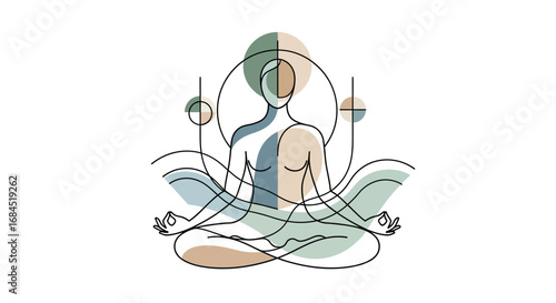 Linear meditation illustration: Balance and spiritual wellness portrayal on a white canvas