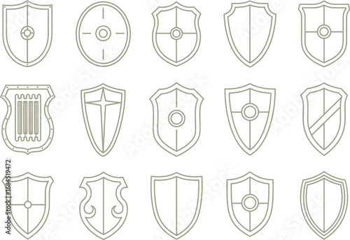 Fifteen Shield Outline Icons Collection on White Background, Medieval Protection Elements