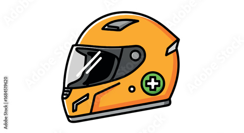 Orange Motorcycle Helmet with Green Cross Symbol.