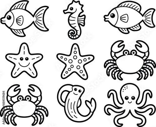 Black silhouette illustrations of sea creatures arranged in a white background.