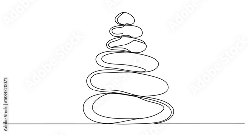 Continuous line illustration depicting balanced stone formation emphasizing harmony
