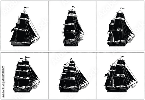 Nautical Tall Ship Collection Silhouettes on White Background, Pirate Ship, Sea Vessel