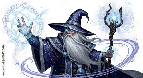 Powerful Wizard Casting Spell with Glowing Hands and Staff.