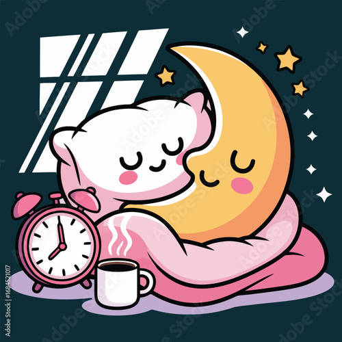 Sleeping Moon Pillow And Coffee Cup With Alarm Clock At Night cozy