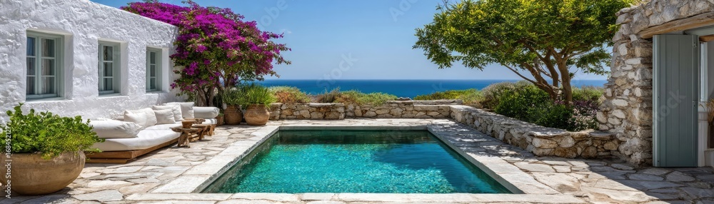 Fototapeta premium Square pool in the Greek villa garden concept. Beautiful villa with pool overlooking the ocean and vibrant flowers.