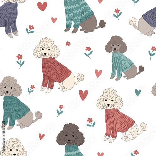 Charming poodle pattern featuring dogs wearing cozy sweaters and adorable floral accents