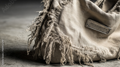 Artistic close-up of handbag corner with frayed edges, imperfect stitching, and misaligned logo plate illustrating counterfeit luxury goods