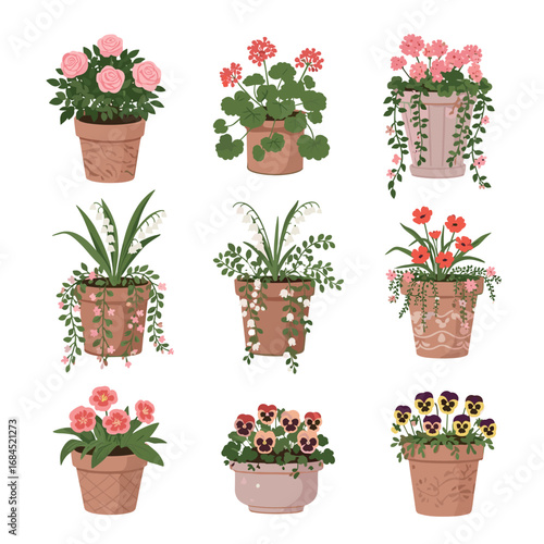 Decorative outdoor garden planters filled with beautiful spring blooming flowers providing vibrant natural color