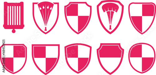 Set of Pink Badge Designs with Shields, Parachute and Cross on a White Background