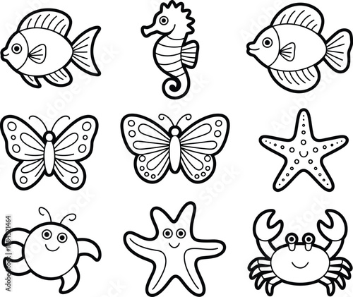 Black silhouette illustrations of sea creatures arranged in a white background.