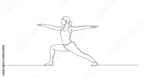 Minimalist line art illustrating a woman practicing warrior two yoga posture gracefully