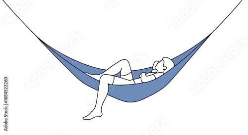 A minimalist illustration portraying a person relaxing in a tranquil blue hammock