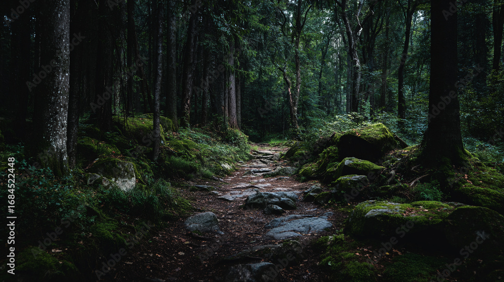 Fototapeta premium A forest path winding through dense trees with moss covered rocks on either side