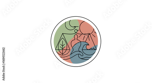 Minimalist nature illustration featuring plant life sun waves and human figure