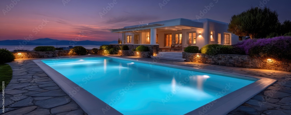 Fototapeta premium Square pool in the Greek villa garden concept. Stunning modern villa with a glowing pool at sunset.