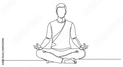 Serene single-line art: Young man meditating in lotus position for wellness and relaxation
