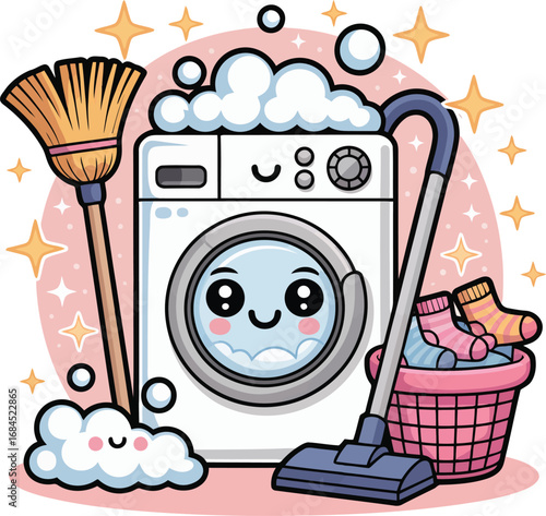Adorable Kawaii Washing Machine Broom Vacuum Cleaner and Laundry Basket cute cleaning