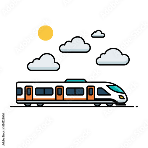 Stylized HighSpeed Train with Orange Doors Under a Sunny Sky