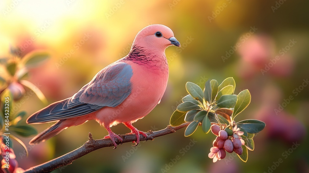 Fototapeta premium Pink dove perched on branch, bathed in sunlight