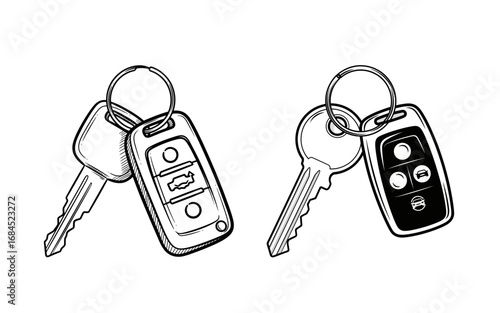 Detailed Black and White Car Keys and Remote Fobs Illustration