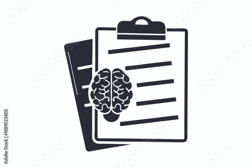 Black Icon of Clipboard with Brain on White Background, Paper, Report