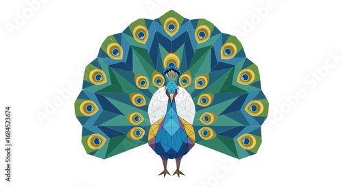 Geometric wonder of a peacock with polygonal feathers showcasing iridescent hues