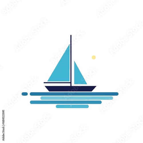 Sailboat on water with sun reflection minimal flat design.