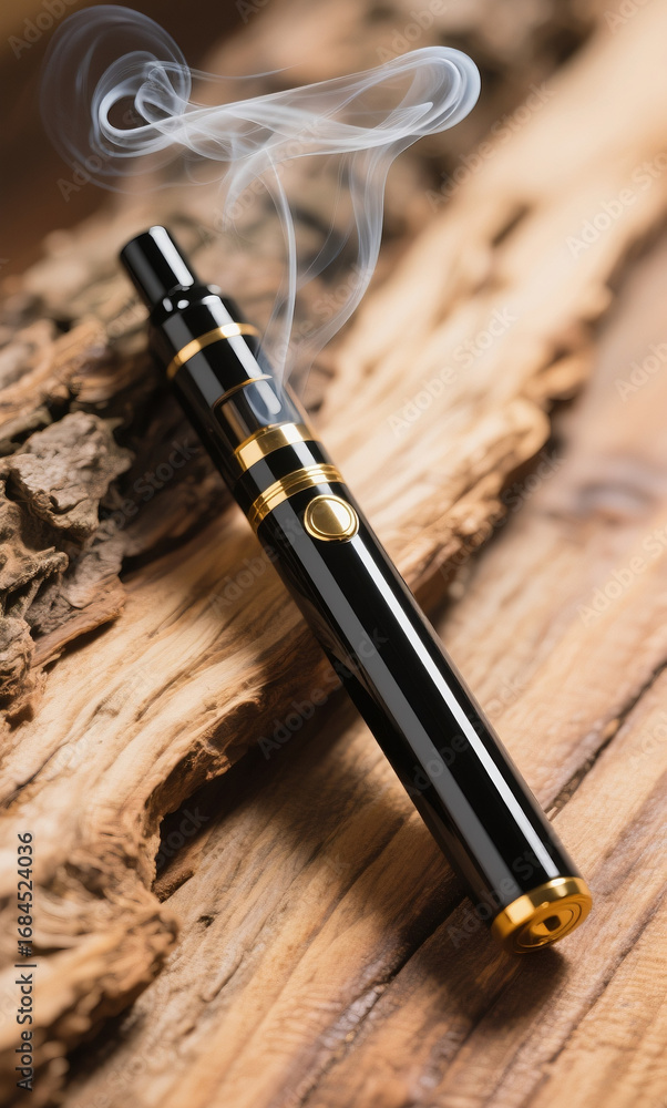 Naklejka premium Sleek black electronic cigarette producing a stream of vapor, stylishly positioned on a textured piece of natural wood, highlighting modern vaping culture and lifestyle choices