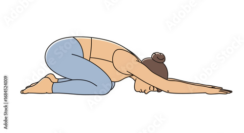 Woman practices yoga pose extending arms forward in a relaxing meditation practice