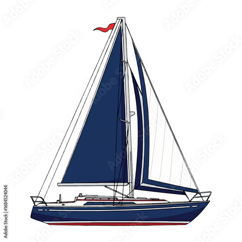 Sailboat with Blue Sails and Red Flag.