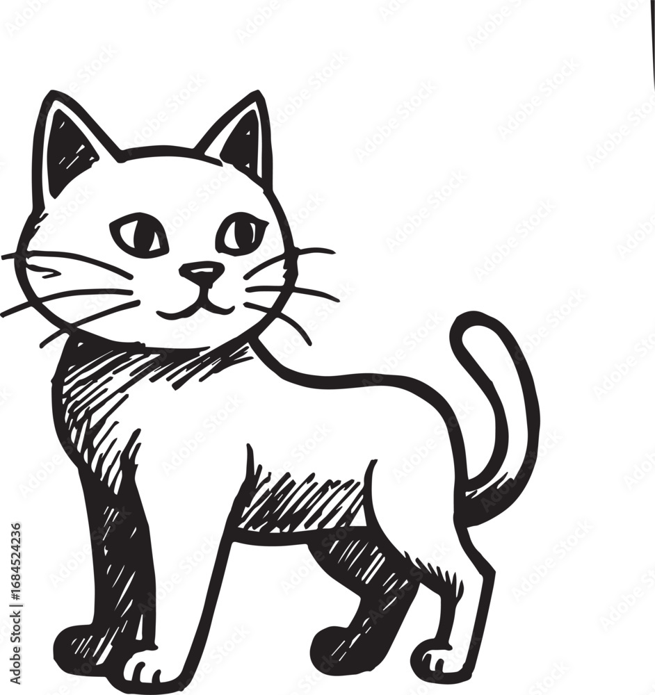 Obraz premium Cat Doodle Black and White Illustration Vector Image Cute Kitten Sketch Line Art Drawing Silhouette
