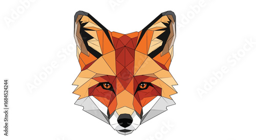 Geometric fox head illustration exhibiting a faceted design in shades of orange and white