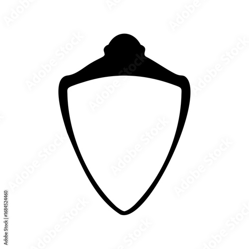 Heraldic shield in black silhouette, suggesting vintage design and logo element