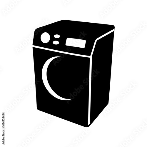 Isolated black and white image of a modern front loading washing machine