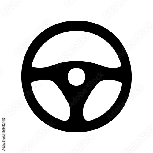 Simple black and white illustration of a steering wheel, automobile component