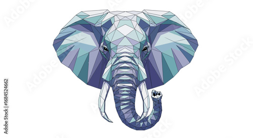 Geometric representation of an elephant head with light blue and purple shades in polygonal style