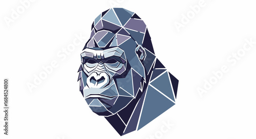 Geometric gorilla head illustration with a low poly design in shades of blue and grey isolated