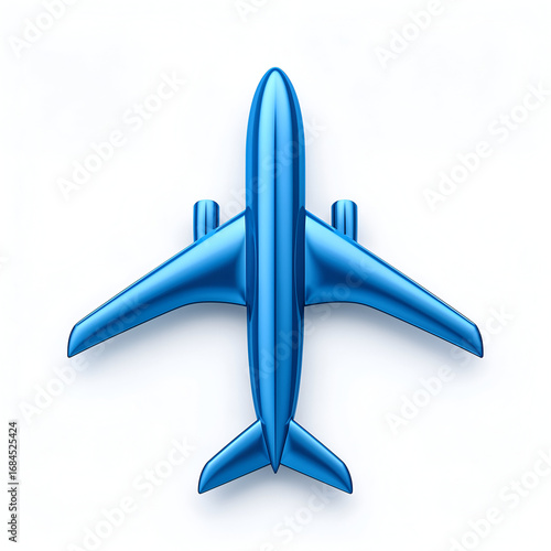 Blue airplane icon with glossy reflective 3D curved wing design isolated on white