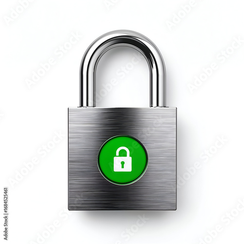 Green unlock padlock icon with glossy reflective metallic open design isolated on white