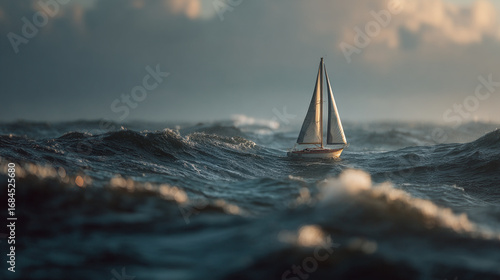 A sailboat navigating through choppy waters under a cloudy and dramatic sky at sea
