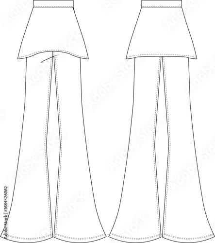 with skirt fringed high rise waist wide leg palazzo fit and flared elastic banded pant trouser template technical drawing flat sketch cad mockup fashion woman design style model 
