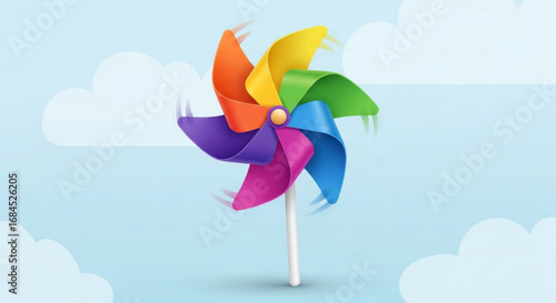 Colorful pinwheel toy spinning in the wind against a blue sky with clouds stock vector illustration