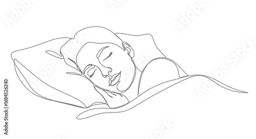 Minimalist line art depicting a woman sleeping peacefully on a soft pillow