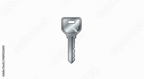 Single silver metal key on white background.