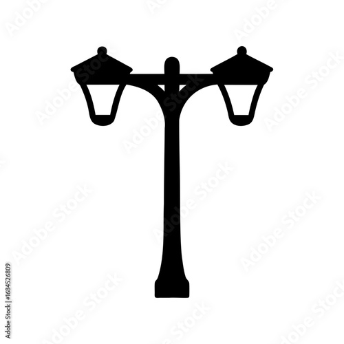 Silhouette of a classic twin street lamp post, urban decorative fixture